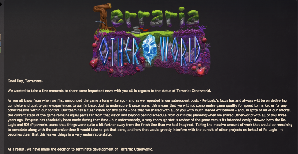 悲報 Terraria Other World開発中止を公式フォーラムで告知